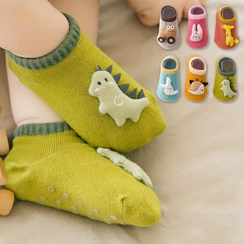 3 Pairs Of Baby Boy's Cartoon Animal Dino Decor Bottom Rubber Non-slip Sports Socks, Comfy Breathable Soft Socks For Babies Wearing