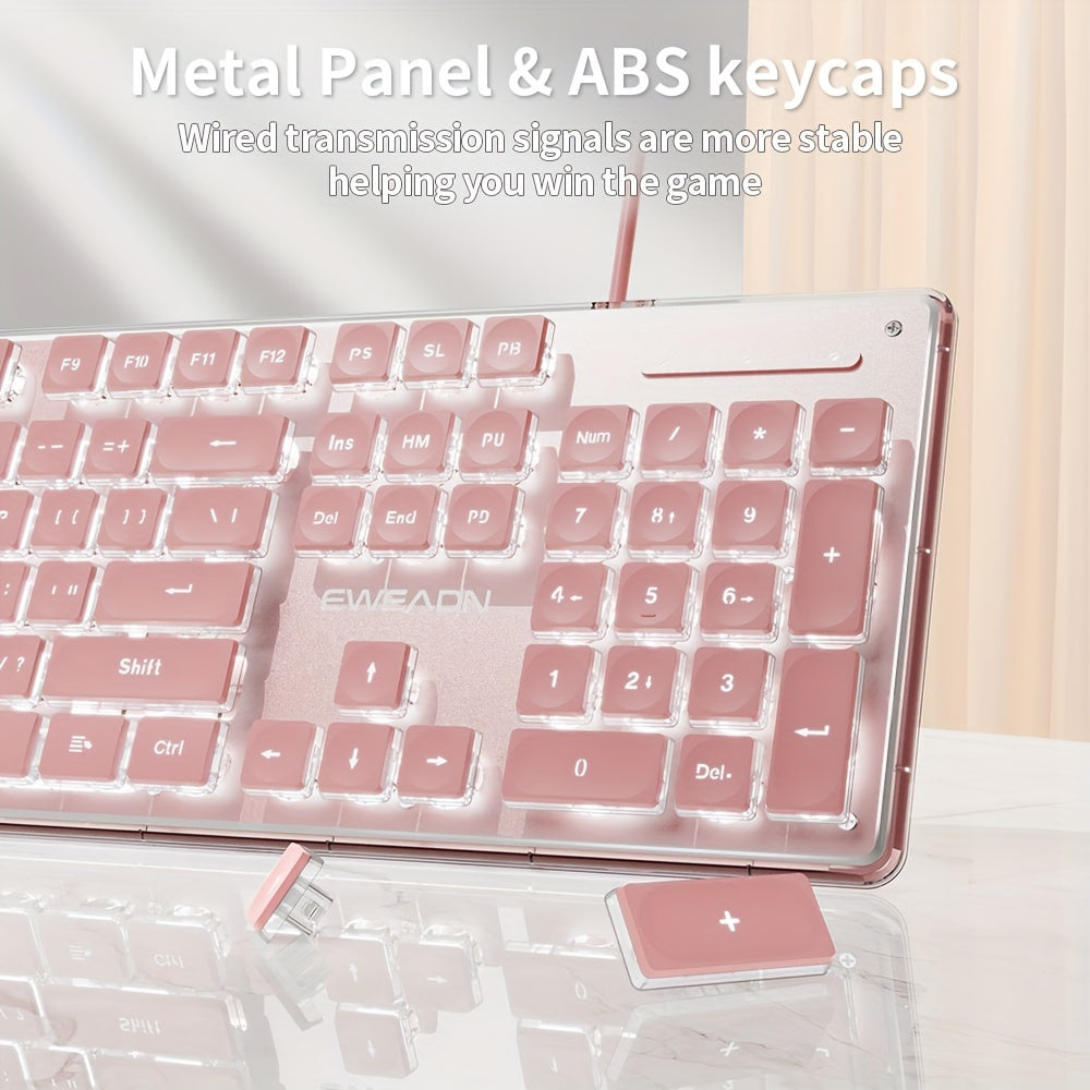 [Aesthetic Keyboard] EWEADN High Aesthetic Keyboard | 104 Keys All-Metal Panel Wired with Cozy keycaps, Mute button, and White Backlit USB - for Games and Office, Windows Laptop PC Pink