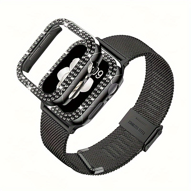 Dial Milan + Diamond Shell Golden Black Rose Golden Breathable Stainless Steel Braided Mesh Metal Strap Adjustable Suitable for iWatch series se s9 8 7 6 5 4 3 2 1 Series 2pcs Combination High-end Luxury Anti-collision Anti-scratch PC Hard Material Inlaid