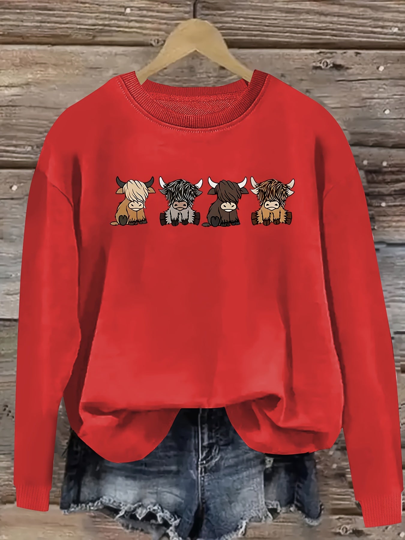 Women's Casual Long Sleeve Round Neck Sweatshirt - Cute Cartoon Cow Print Pullover, Cozy Beige Fall Winter Top, Machine Washable Regular Fit, Autumn Apparel, Comfortable Wear