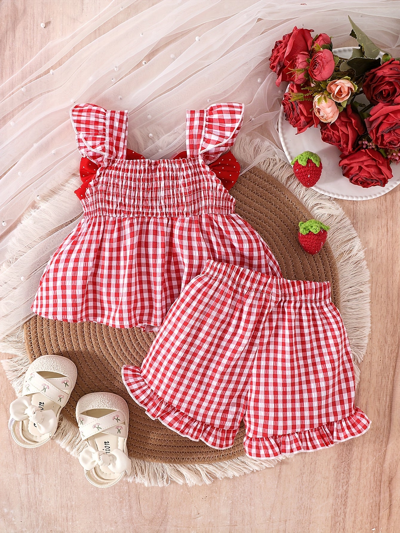 [Cute Summer Set] 2pcs Cute Summer Strawberry Top and Shorts Set | Ruffle Collar, Elastic Waist, Gingham Details, Playful Bow Accents - Outdoor Toddler Outfit