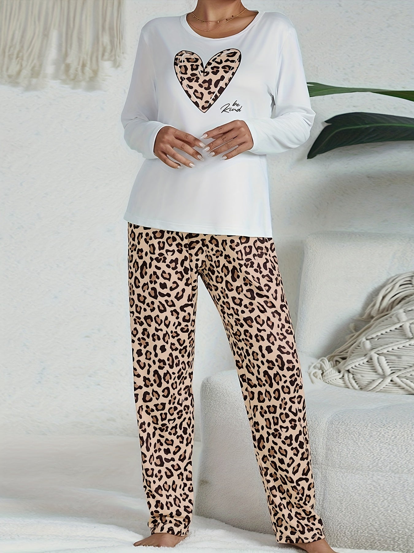 Womens Cozy Leopard Print Pajama Set - Comfy Long Sleeve Top with Heart Accent, Soft Pajama Pants - Ideal for Lounge & Sleep