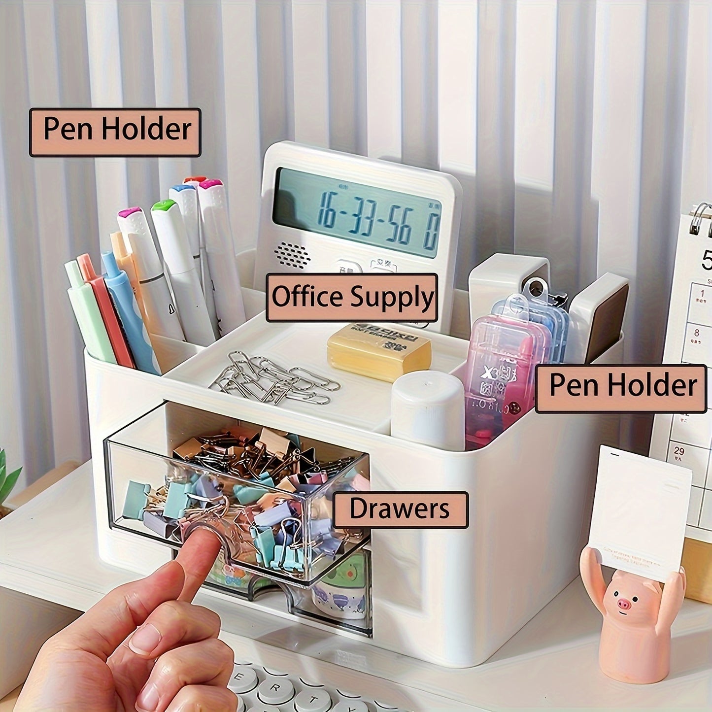 1pc Multi-Functional Plastic 5 Compartments Desk Organizer with 2 Drawers - Office Supply Caddy, Portable Desktop Storage for Stationery, Pens, Pencils, Art Supplies