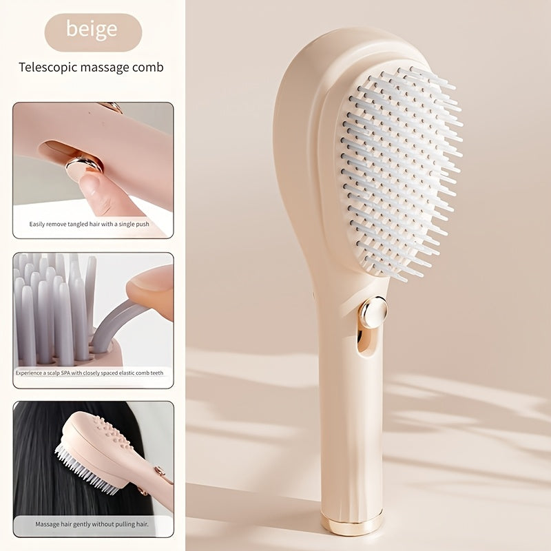 Telescopic Massage Comb for Hair & Scalp - Portable Foldable Hairbrush with Rubber Bristles & ABS Handle - Travel-Friendly Scalp Massager for Men & Women - Soft Pink & White Design, Hair Massager
