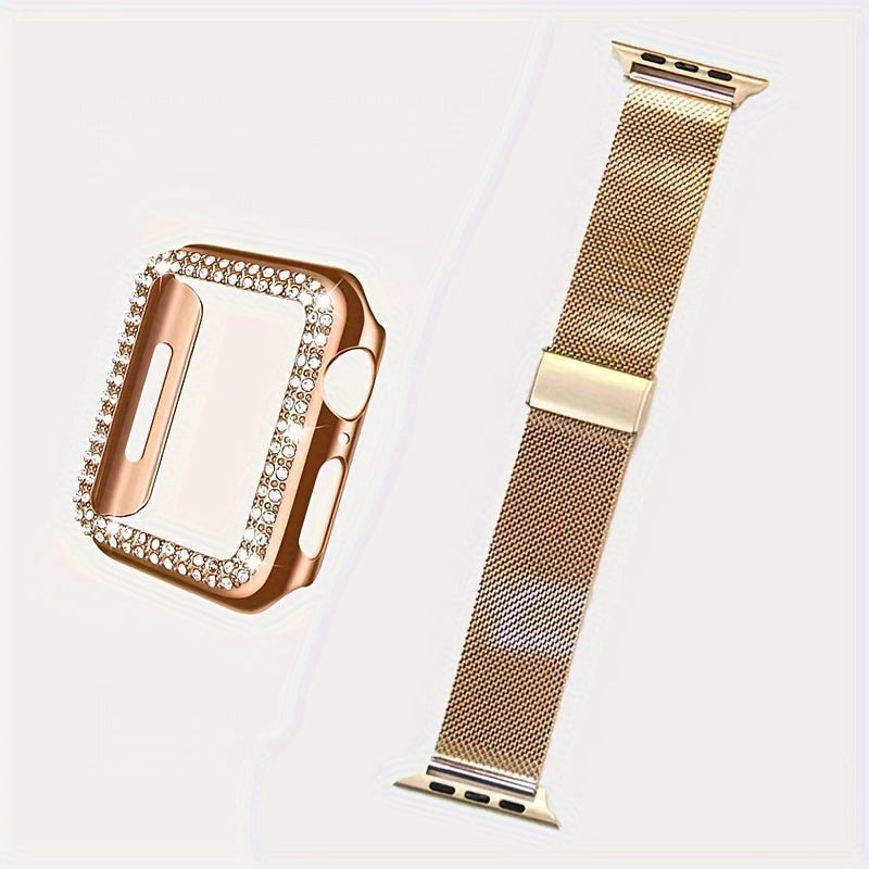 Dial Milan + Diamond Shell Golden Black Rose Golden Breathable Stainless Steel Braided Mesh Metal Strap Adjustable Suitable for iWatch series se s9 8 7 6 5 4 3 2 1 Series 2pcs Combination High-end Luxury Anti-collision Anti-scratch PC Hard Material Inlaid