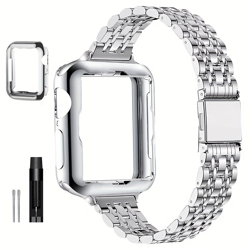 [Elegant Watch Band] Gold-Plated Stainless Steel 1pc Watch Band | Foldover Clasp and Protective Case for Apple Watch, Compatible with iWatch Series 1-9/SE/SE2, Elegant Women's Wristband Accessory
