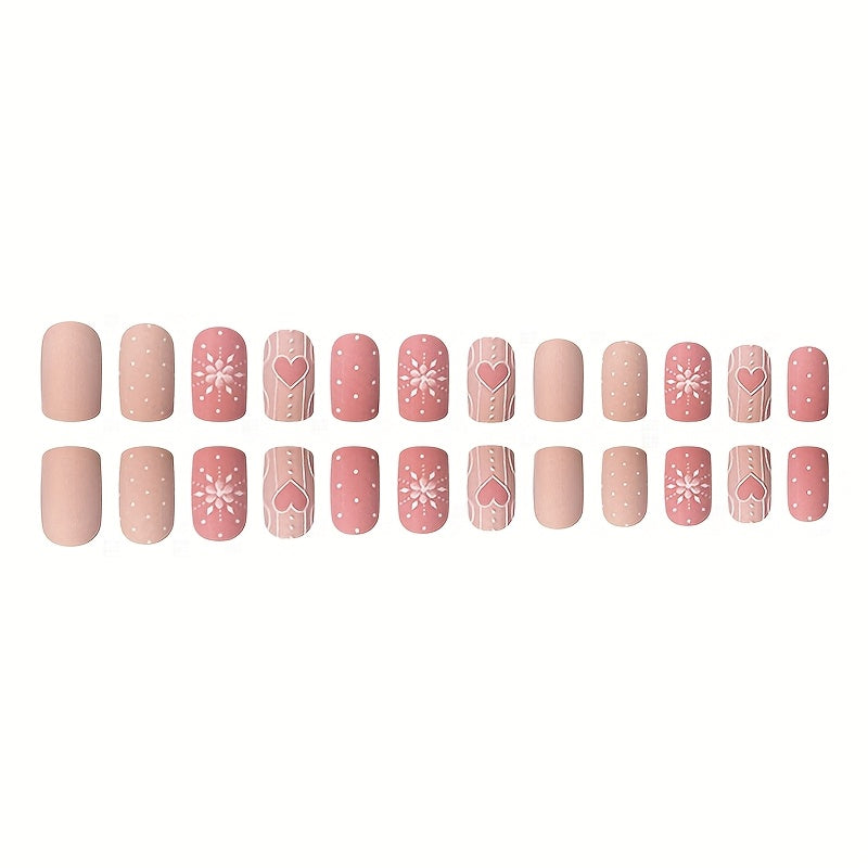 24pcs of Girlie Pink Sweet Heart-Shaped French Matte Textured False Nails Ready to Wear.