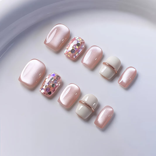 10pcs Handmade Short Press-On Nails - Pink Cat Eye Glitter & Metallic Accents, Square Medium Length Reusable Fake Nails with Satin & Glossy Finish for Hands & Feet
