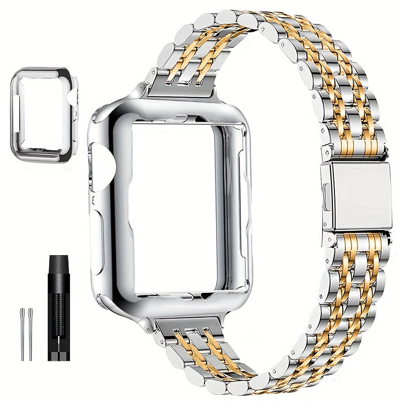 [Elegant Watch Band] Gold-Plated Stainless Steel 1pc Watch Band | Foldover Clasp and Protective Case for Apple Watch, Compatible with iWatch Series 1-9/SE/SE2, Elegant Women's Wristband Accessory