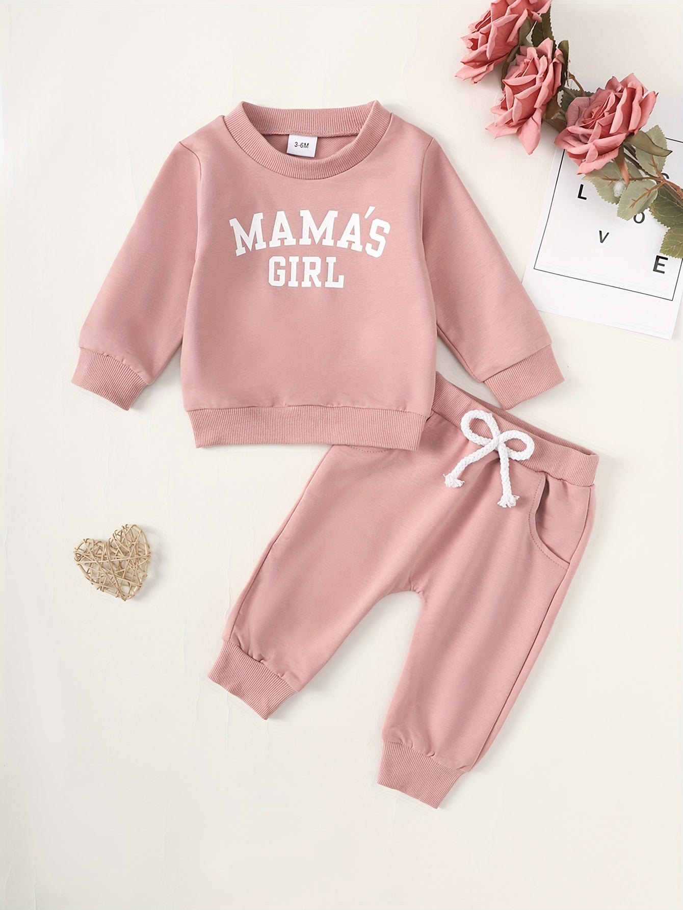 [Baby Girl Sweatshirt] 2pcs Baby Girl Letter Pattern Long Sleeve Sweatshirt | Solid Color Round Neck Trouser Suit, Outdoor Cloth