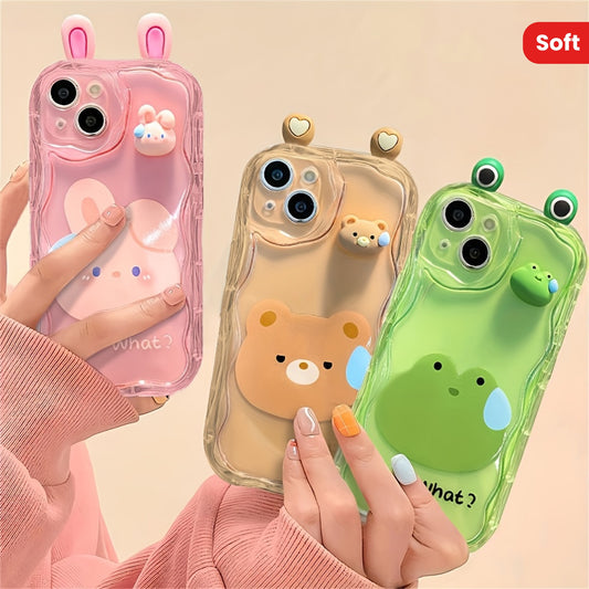 [Cute Cartoon Phone Case] iPhone 15 14 13 12 11 Pro Max XS Max X XR Soft Phone Case - Cute Cartoon 3D Transparent Pink Rabbit Green Frog Brown Bear Wavy Border Protector - Soft Cover