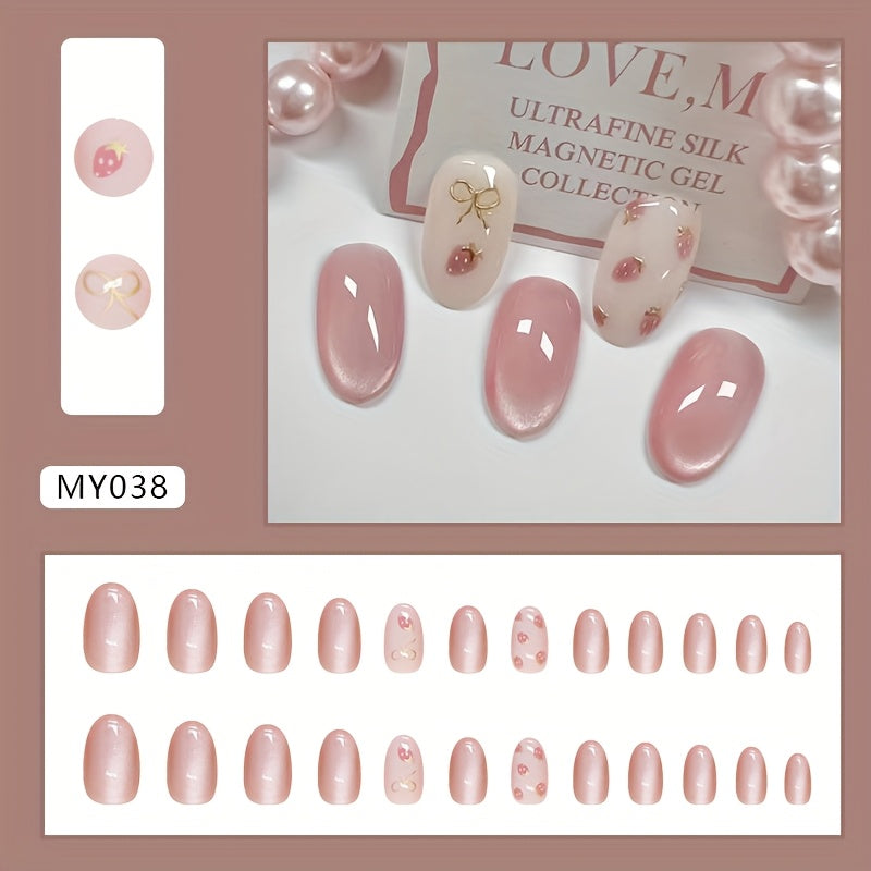 24pcs Cute Strawberry & Bowknot Removable Press-On Nails - Pink Cat Eye Effect, Short Oval False Nails with Glossy Finish, Easy to Wear & Remove, Perfect for Casual Attir