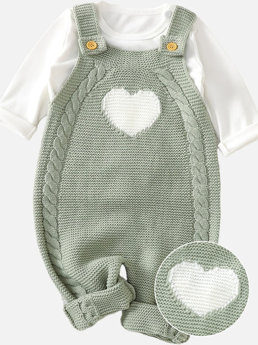 Unisex Bodysuit with Heart Jacquard Detail - Soft 100% Acrylic Square Neck Winter Outfit, Elastic Crotch & Snap Closure, Light Green Adorable Clothing for &, Perfect for Outdoor