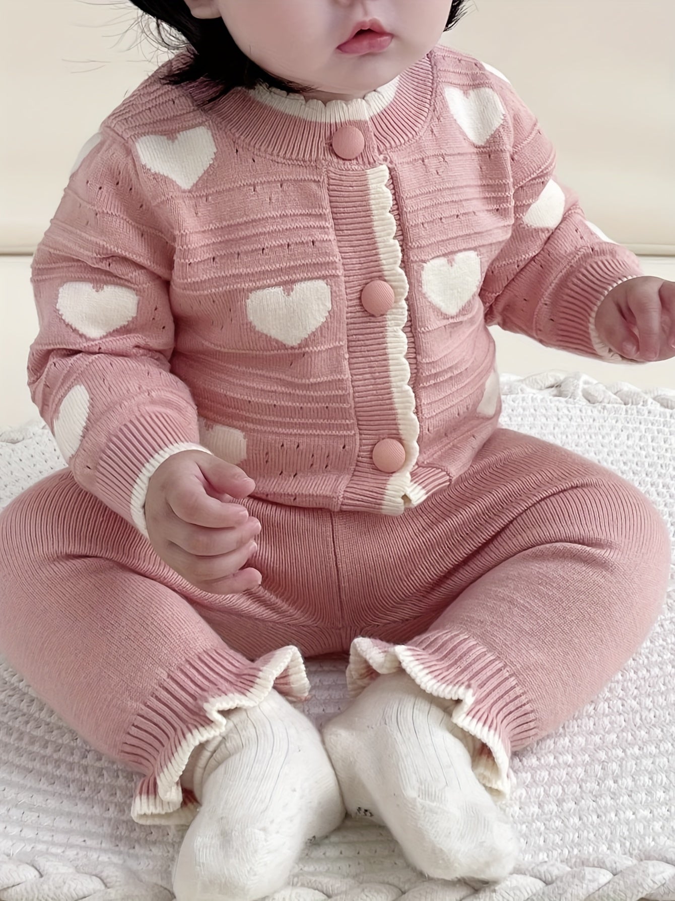 Newborn Baby Clothes Spring/Autumn Set for Girls with Heart Open Cardigan and Hollow Out Sweater Jacket Knit Pants Two-Piece Suit, Perfect for Outdoor