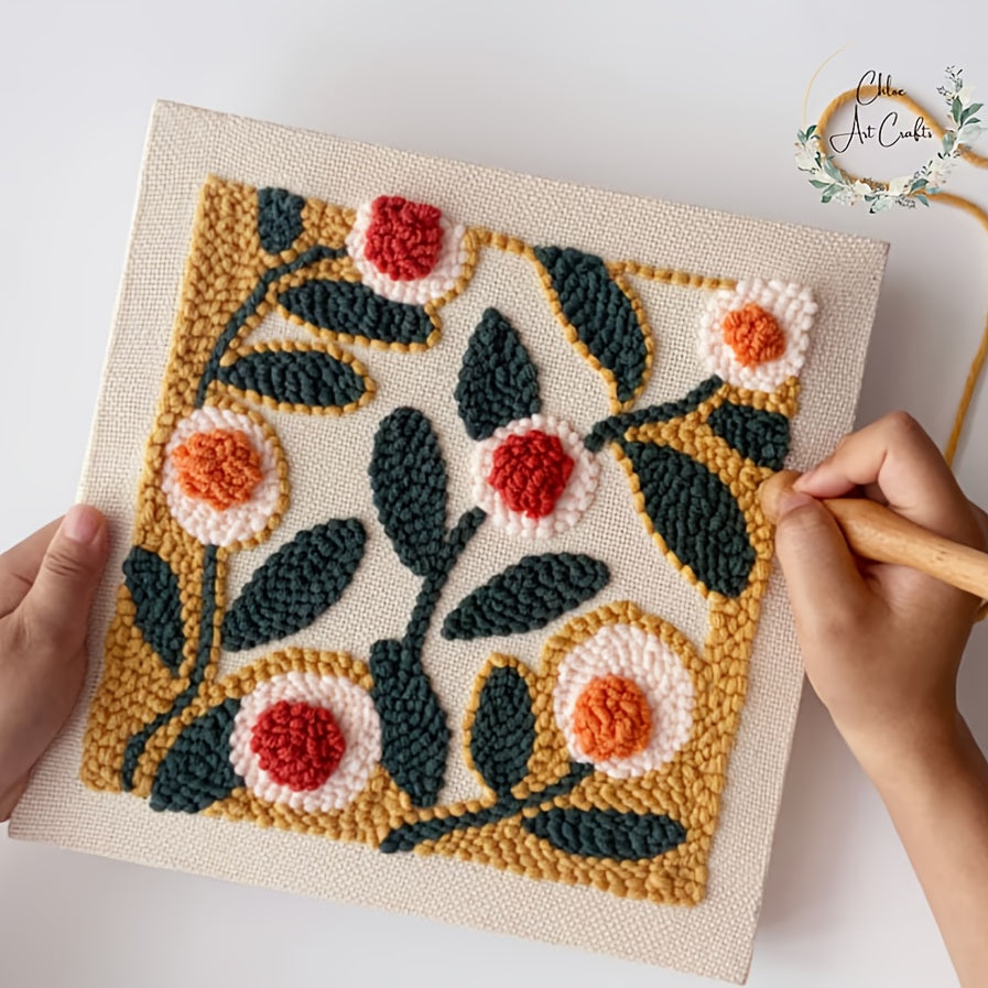 [1 Set Complete Beginner Punch Needle] 1 Set Punch Needle Beginner Kit with Adjustable Plastic Punches, Mixed Color Yarn, All Seasons Flower Theme Crafting Set, Complete Material Included