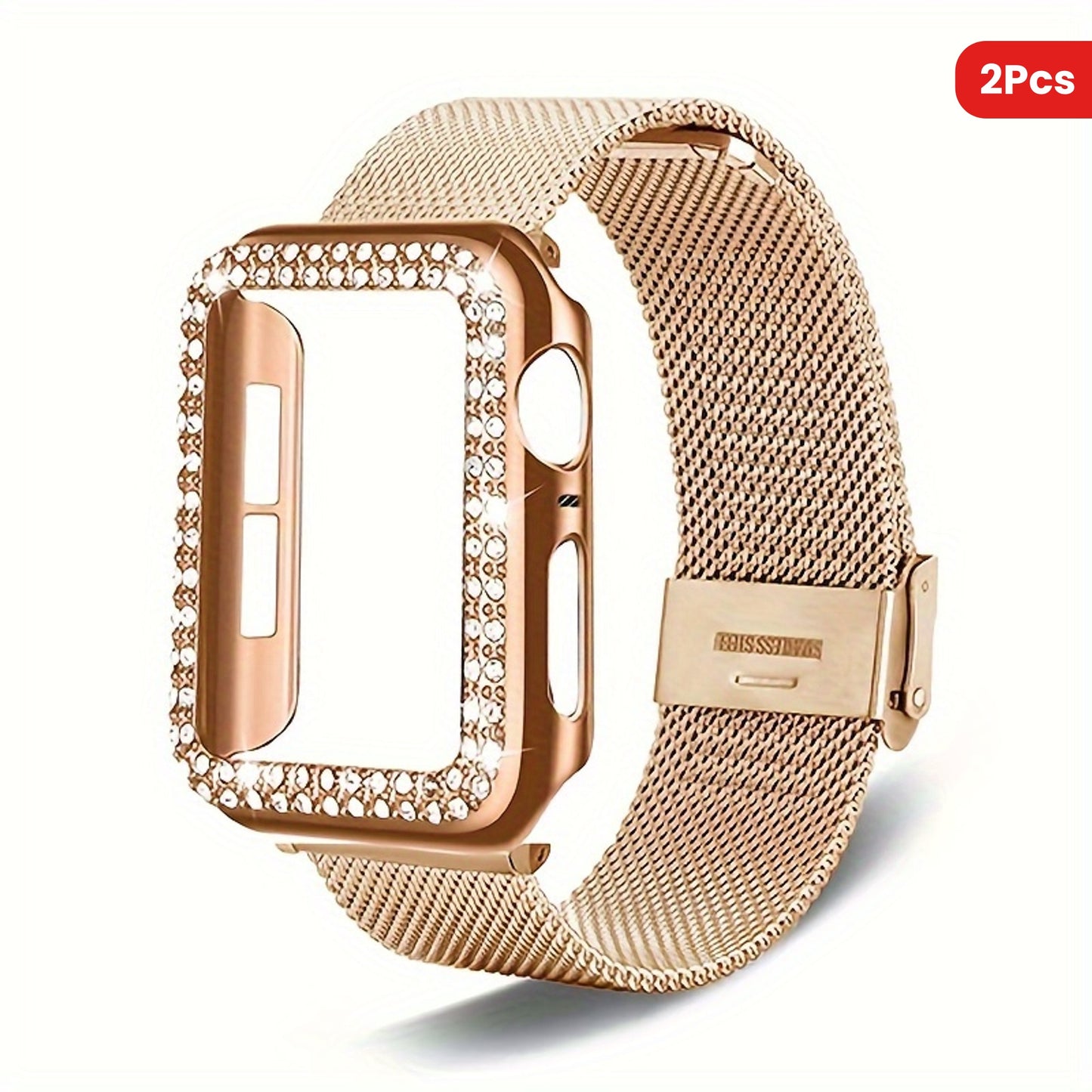 Dial Milan + Diamond Shell Golden Black Rose Golden Breathable Stainless Steel Braided Mesh Metal Strap Adjustable Suitable for iWatch series se s9 8 7 6 5 4 3 2 1 Series 2pcs Combination High-end Luxury Anti-collision Anti-scratch PC Hard Material Inlaid