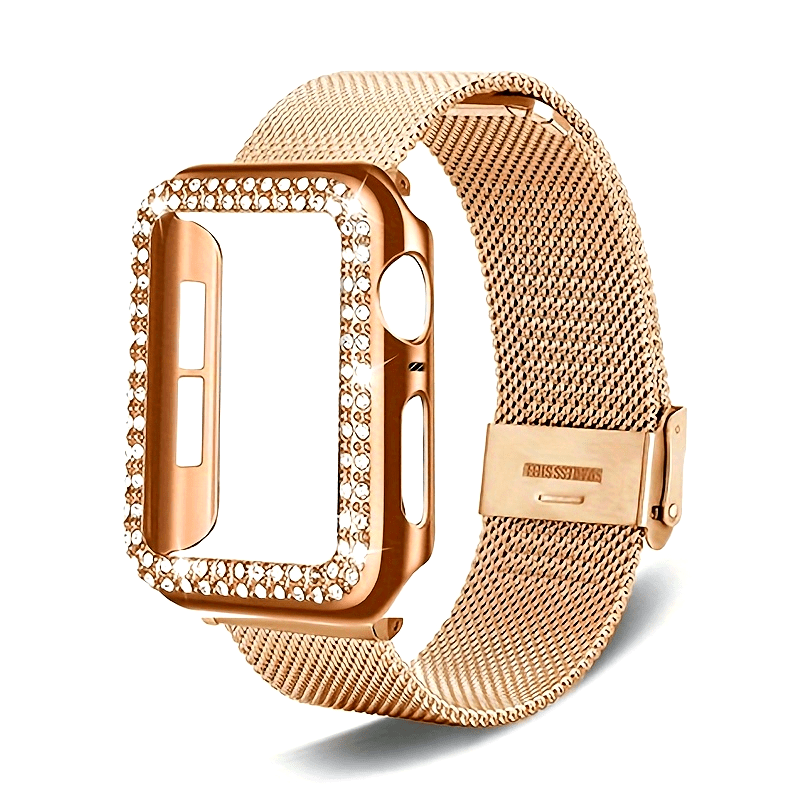 Dial Milan + Diamond Shell Golden Black Rose Golden Breathable Stainless Steel Braided Mesh Metal Strap Adjustable Suitable for iWatch series se s9 8 7 6 5 4 3 2 1 Series 2pcs Combination High-end Luxury Anti-collision Anti-scratch PC Hard Material Inlaid