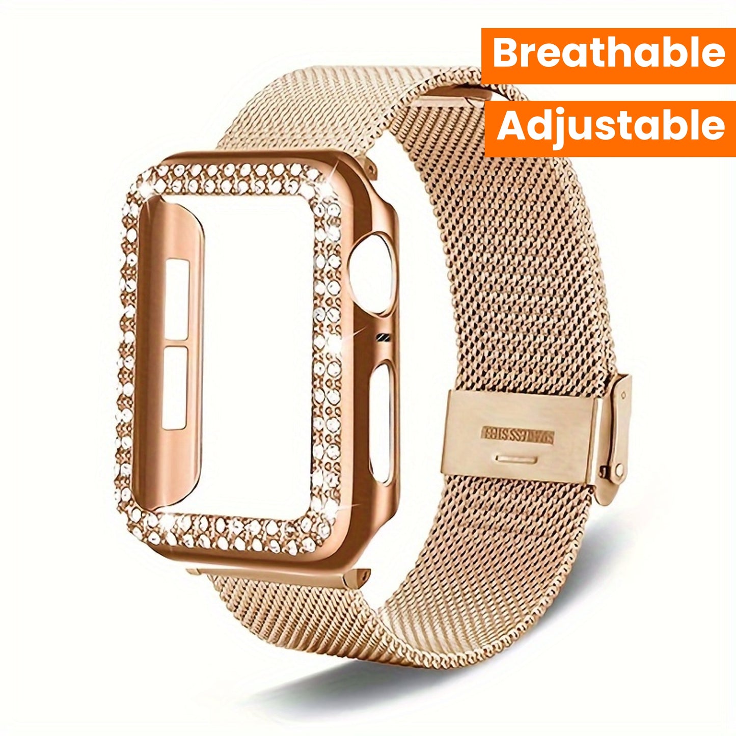Dial Milan + Diamond Shell Golden Black Rose Golden Breathable Stainless Steel Braided Mesh Metal Strap Adjustable Suitable for iWatch series se s9 8 7 6 5 4 3 2 1 Series 2pcs Combination High-end Luxury Anti-collision Anti-scratch PC Hard Material Inlaid