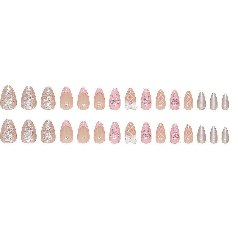 24pcs of Pink Bow Sweet And Cute Push-On False Nails, One Jelly Glue And One Nail File