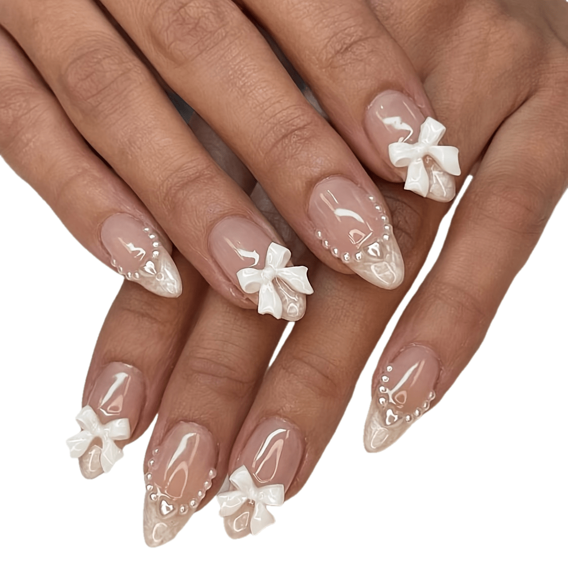 [24PCS Pearl Press-On Nails] 24 Pieces Elegant Pearl and Heart Bow Press-On Nails | Short Almond Shape, Mixed Color, Glossy Finish for Women and Girls