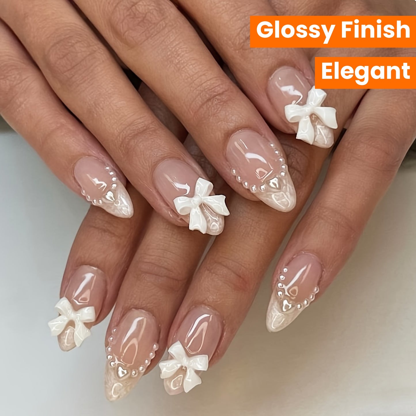 [24PCS Pearl Press-On Nails] 24 Pieces Elegant Pearl and Heart Bow Press-On Nails | Short Almond Shape, Mixed Color, Glossy Finish for Women and Girls