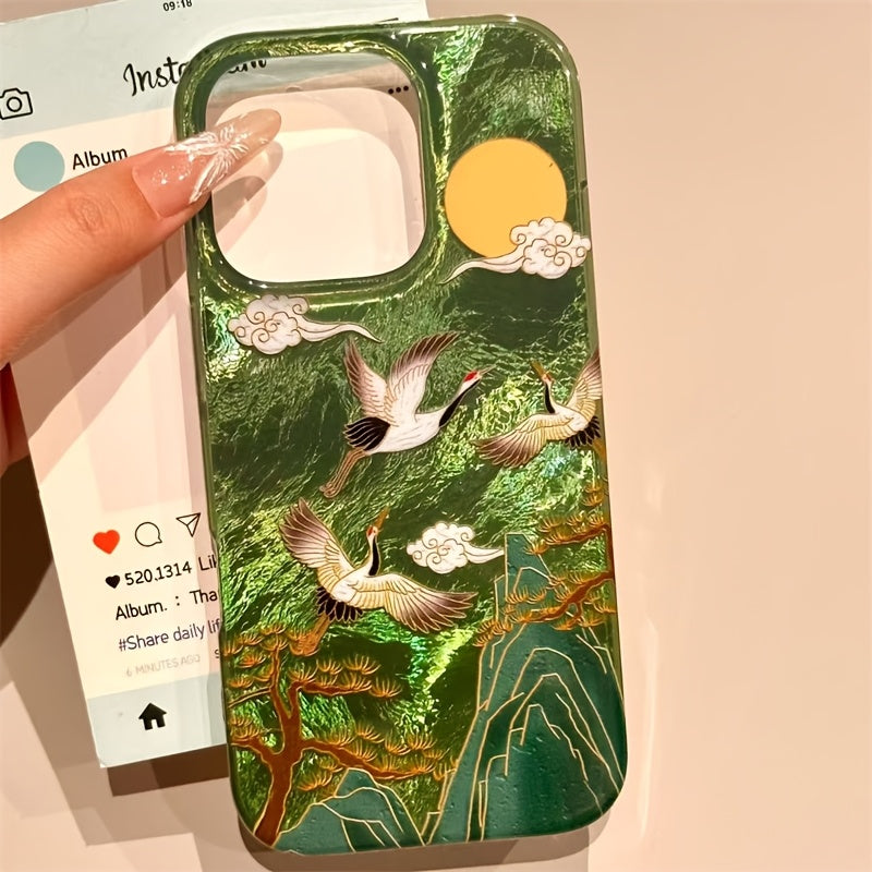 Vortex Pattern High Mountain Auspicious Cloud Crane Phone Case with Ancient Fan Tassel for iPhone 11 12 13 14 15 16 pro max