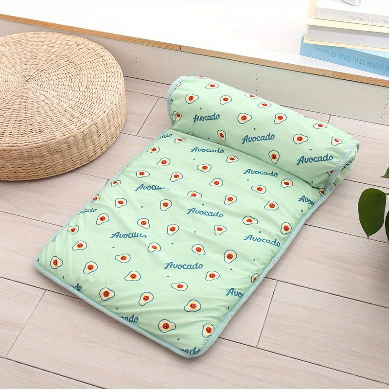 Cooling High-Resilience Pet Ice Dog Bed with Pillow - Breathable Non-Slip Square Dog Nest for Small Dogs, Machine Washable Fruit Pattern Design for Summer Comfort, Pet Beds for Dogs, Easyclean Material