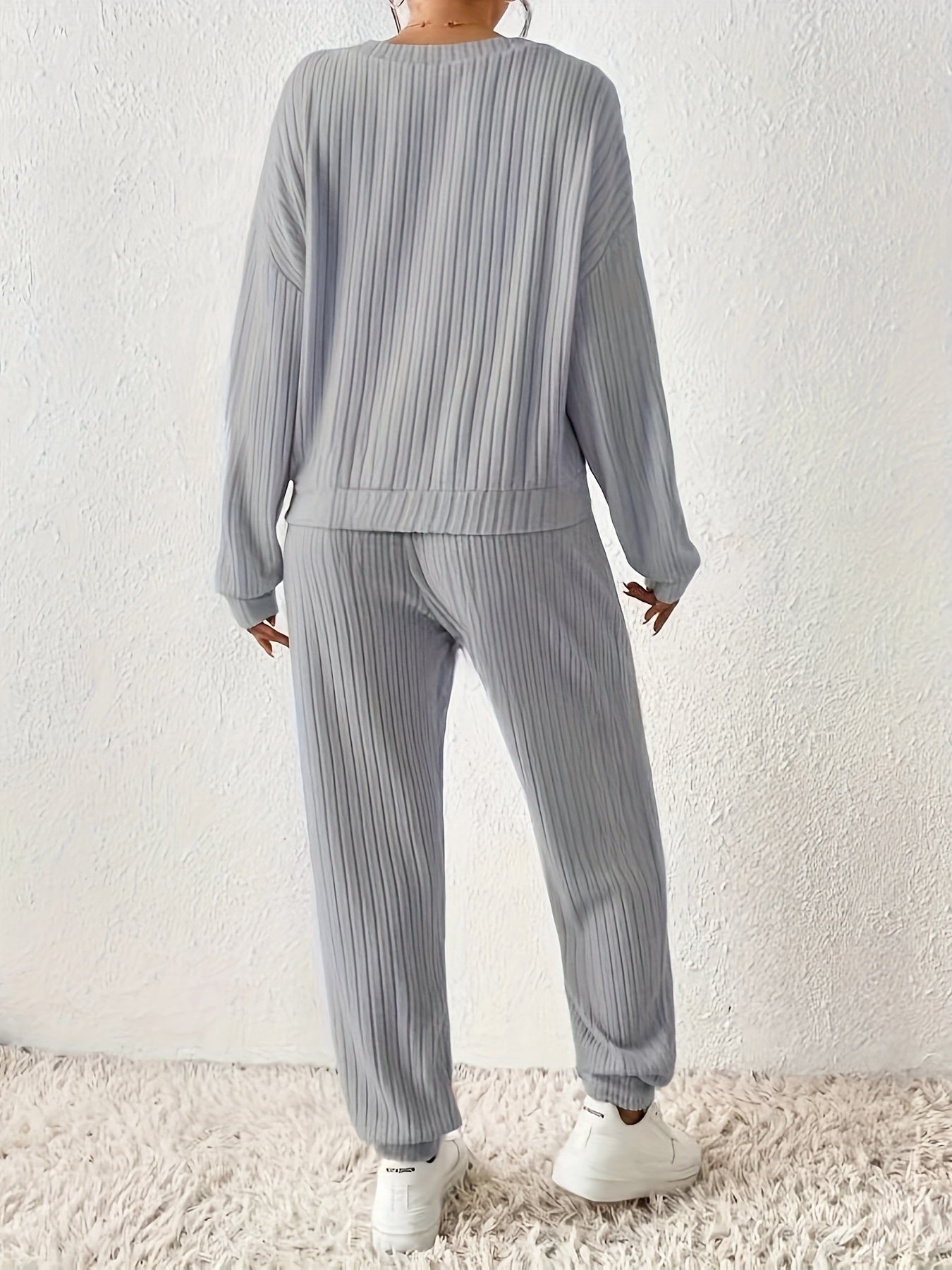 Stylish Solid Color Casual Long Sleeve Pantsuit for Women - V-Neck Ribbed Knit Top and Joggers Set, Perfect for Fall/Winter