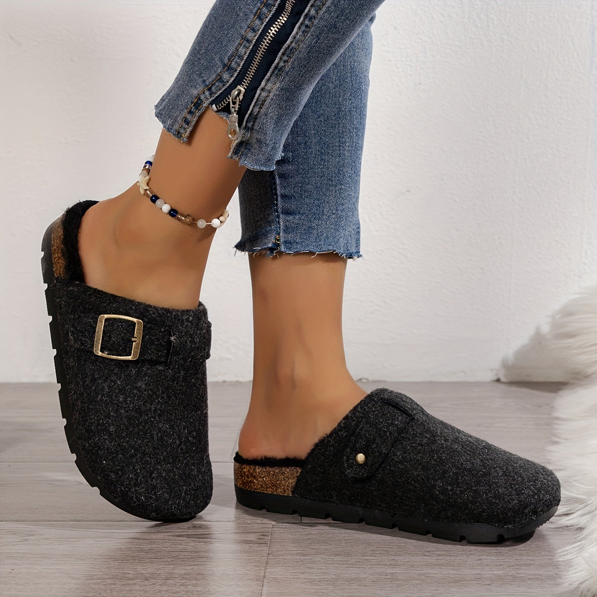 [Comfortable Fleece Slippers] Warm Fleece-Lined Slippers | Autumn and Winter Women's Fashion Casual Comfortable, Slip-on Thick Sole Half-Covered Heel Slides