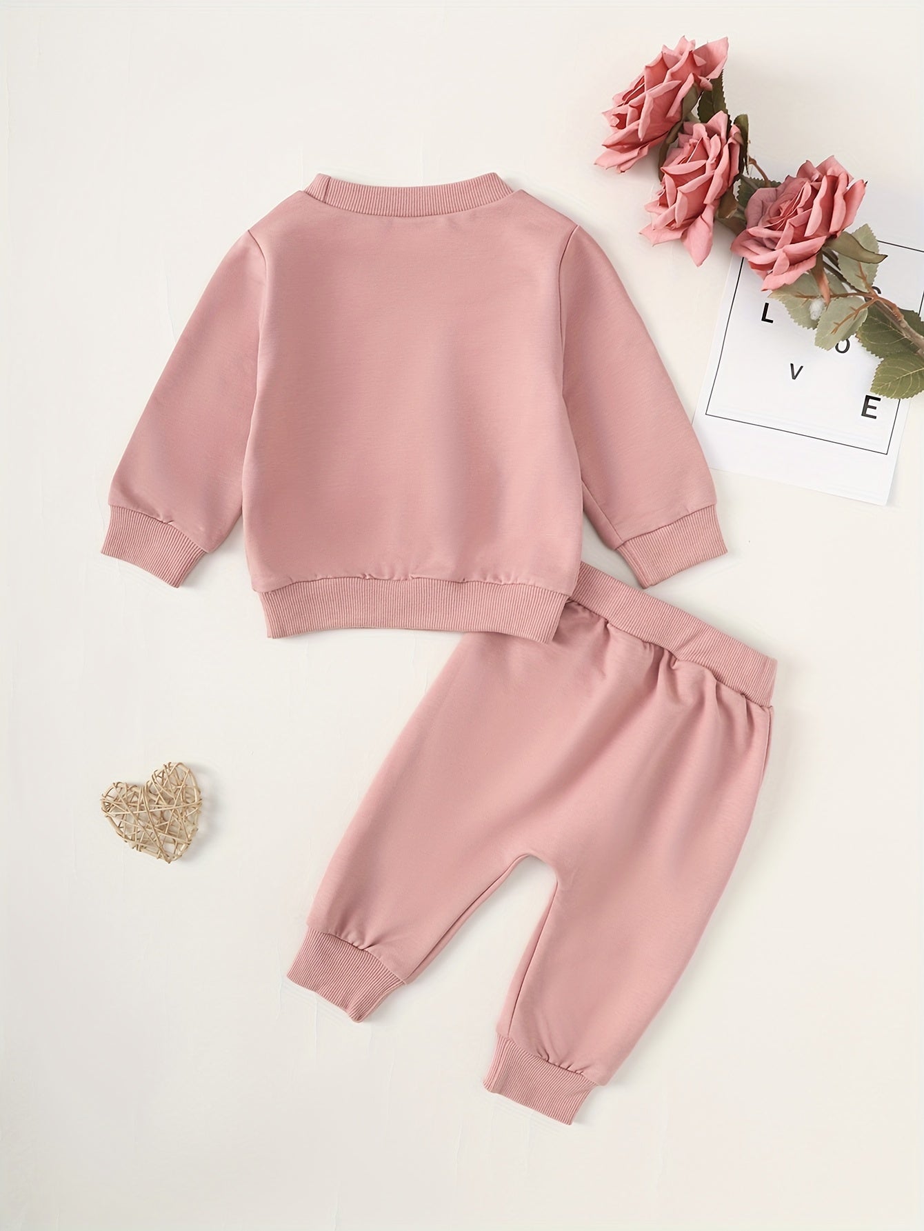 [Baby Girl Sweatshirt] 2pcs Baby Girl Letter Pattern Long Sleeve Sweatshirt | Solid Color Round Neck Trouser Suit, Outdoor Cloth