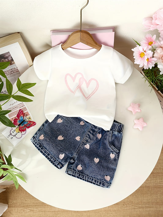 2pcs Girls' Shorts with Love Embroidery Set, Perfect for Outdoor