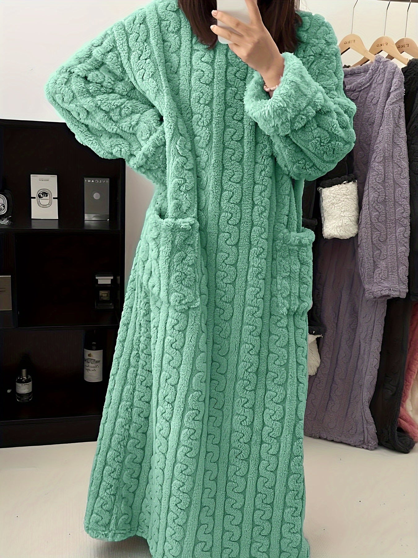 [Warm Fleece Nightgown] Warm Fleece-Lined Women's Long Sleeve Nightgown | Soft Plush Red Round Neck Machine Washable Cozy Pregnancy Pajama Dress for Fall & Winter, Maternity Pajamas, Casual Homewear