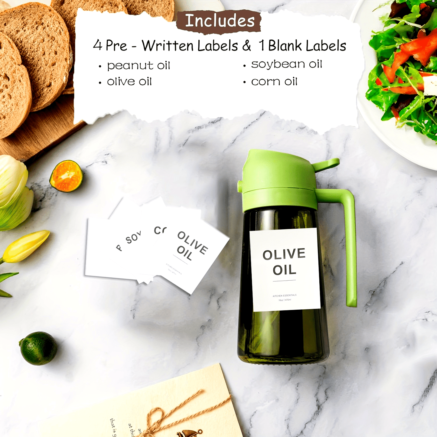 16oz Olive Green Glass Olive Oil Dispenser - 2-in-1 Oil Bottle and Cooking Sprayer with Auto Flip Cap and Label Stickers (Light Blocking)