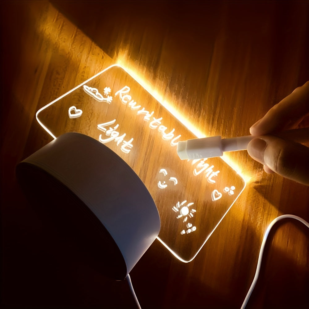 USB-Powered LED Message Board Night Light with Pen - Modern Acrylic Surface for Notes, Stars & Hearts Design, Warm White Light Bedroom Decor, Gift for Girlfriend, Wife, Anniversary, Ambient Lighting, Creative LED Lighting, Smooth Writing Surface