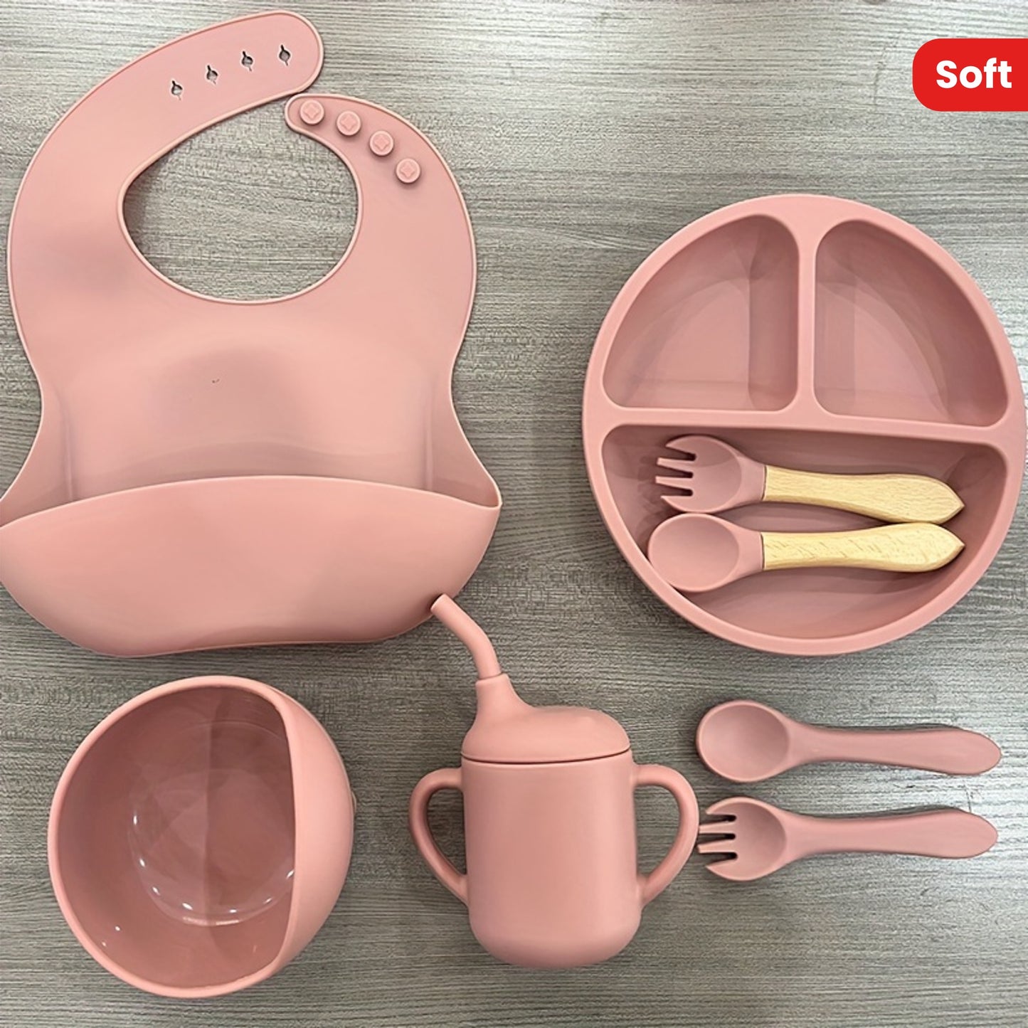 WHZWYK Silicone Baby Feeding Set - Microwave & Oven Safe - For 0-3 Years - Includes Suction Plate, Soft Bowl, Spoons, Forks, Adjustable Bib, Snack Cup - Self-Feeding Supplies