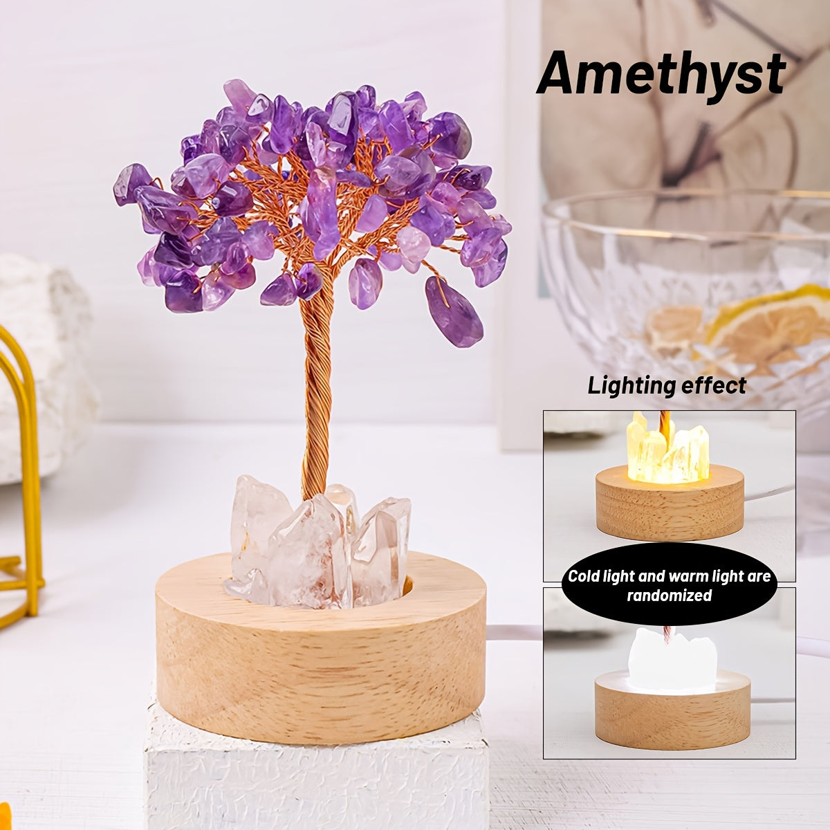 [Natural Quartz Crystal Nightlight] 1pc Natural Clear Quartz Crystal Chip Tree - USB Port Decorative Bedside Ambiance Nightlight