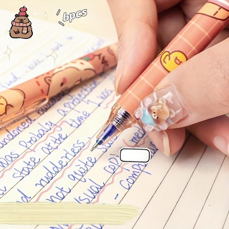 6pcs Set of Capybara Themed Erasable Gel Pens, Blue Ink Retractable Design, Smooth Writing, Fast Drying Office Accessory, Elegant Stationery Pen