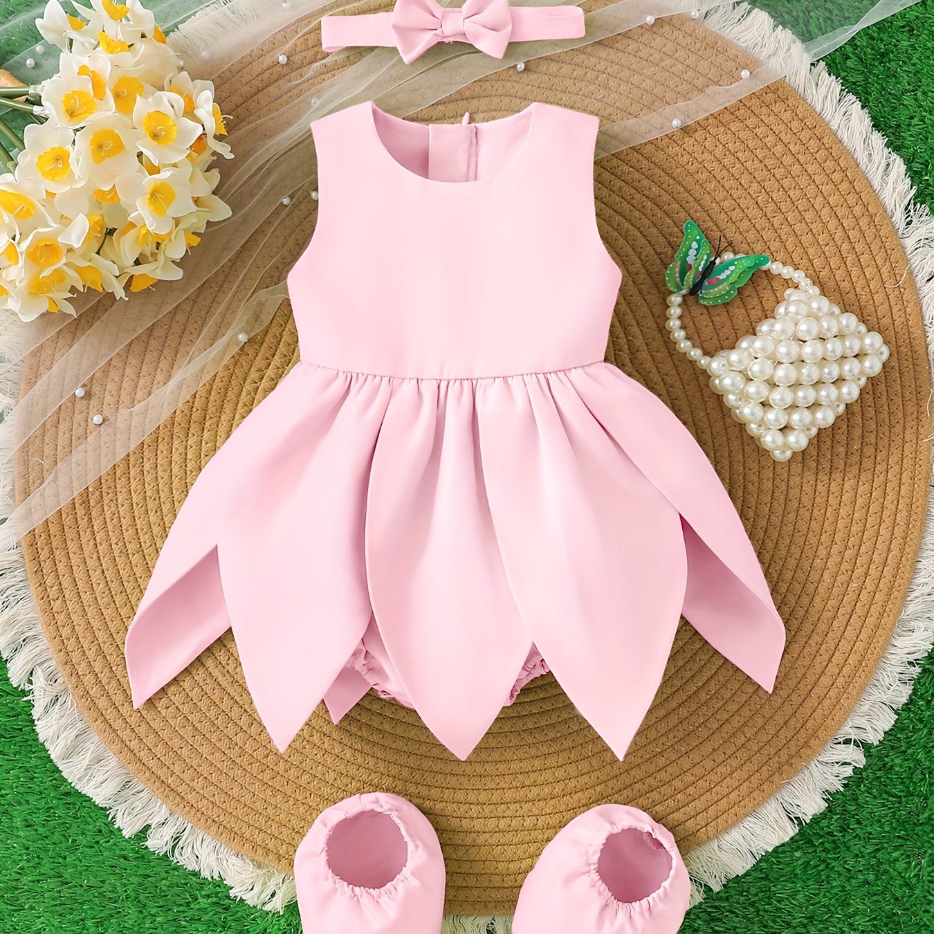 [Cute Fairy Dress] Summer Cute Green Fairy Princess Petal Dress Set for Baby Girl | Sleeveless Top with Ruffled Skirt, Matching Headband & Hair Accessories, Soft Non-Stretch Fabric