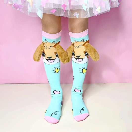 1 Pair Cute Cartoon Dog Ear Knee Socks for Girls - Soft Polyester & Spandex Blend, All-Season Comfort, Perfect Gift for Family & Friends, Decorative School & Party Socks, Dog Socks