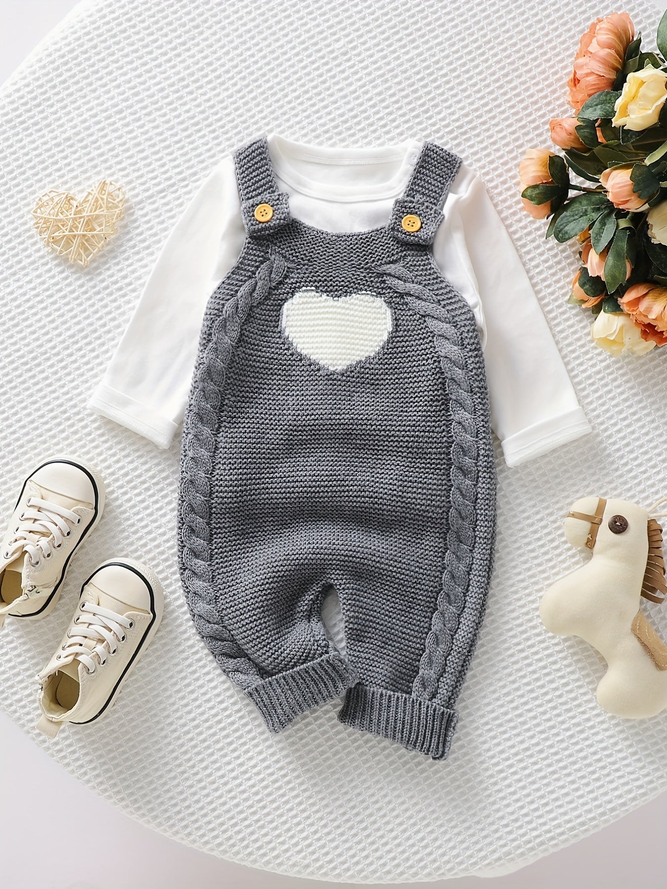 Unisex Bodysuit with Heart Jacquard Detail - Soft 100% Acrylic Square Neck Winter Outfit, Elastic Crotch & Snap Closure, Light Green Adorable Clothing for &, Perfect for Outdoor