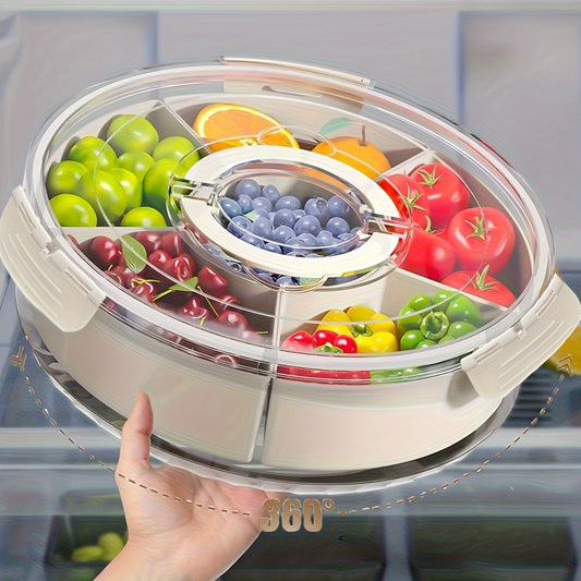 1pc HOOFUN Rotating Fruit and Vegetable Tray with Lid and Handle - Durable Plastic, Multi-Compartment Organizer for Kitchen Storage, Ideal for Snacks and Produce Display, Kitchen Organizers And Storage