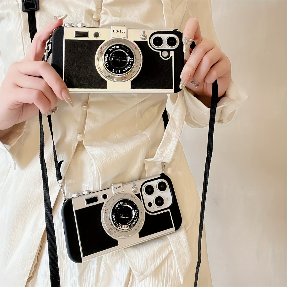 iPhone Crossbody Strap Case - 3D Camera Phone Case for 16 15 Pro 14 Plus 11 13 12 Pro Max - Cute Soft Protective Cover