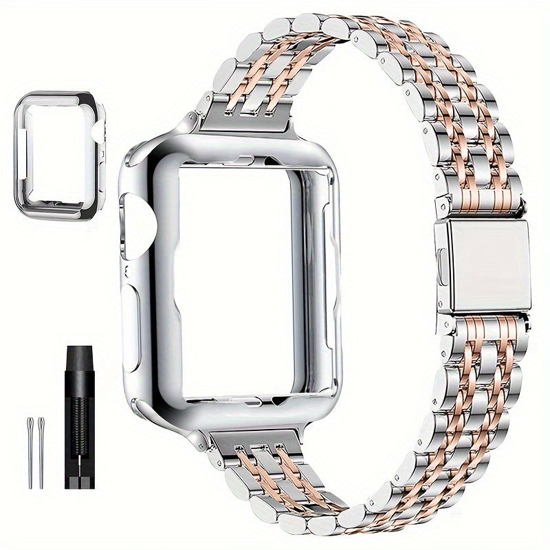 [Elegant Watch Band] Gold-Plated Stainless Steel 1pc Watch Band | Foldover Clasp and Protective Case for Apple Watch, Compatible with iWatch Series 1-9/SE/SE2, Elegant Women's Wristband Accessory