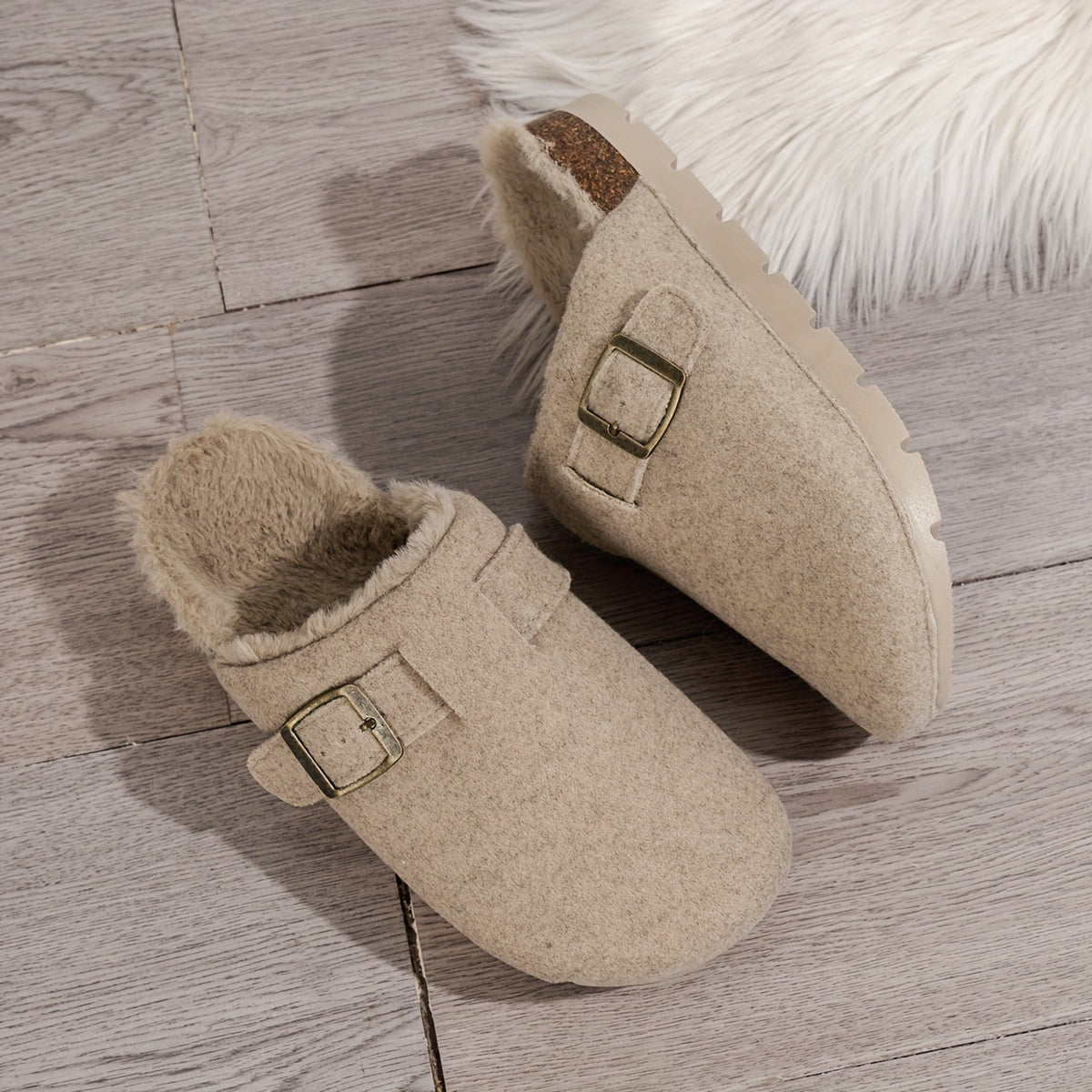 [Comfortable Fleece Slippers] Warm Fleece-Lined Slippers | Autumn and Winter Women's Fashion Casual Comfortable, Slip-on Thick Sole Half-Covered Heel Slides