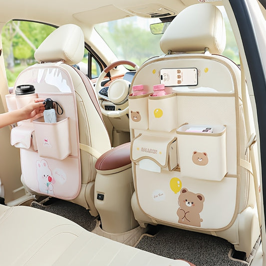 1 Cute Faux Leather Car Seat Backrest Organizer with Touch Screen Controlled Multifunctional Storage Protection Pad, Ideal for Travel And Storage
