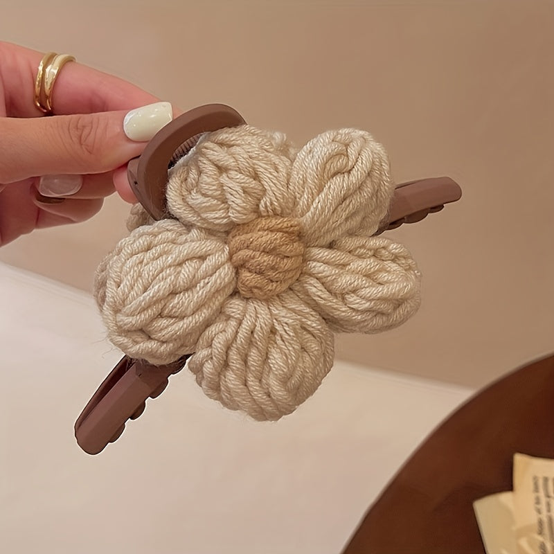 [Cute Hair Clips] Cute 1pc Chinese Style Flannelette Knitted Flower Jaw Clips | Hair Clamps Ponytail Holder Shark Clips, Color Matching Women Girls Hair Accessories