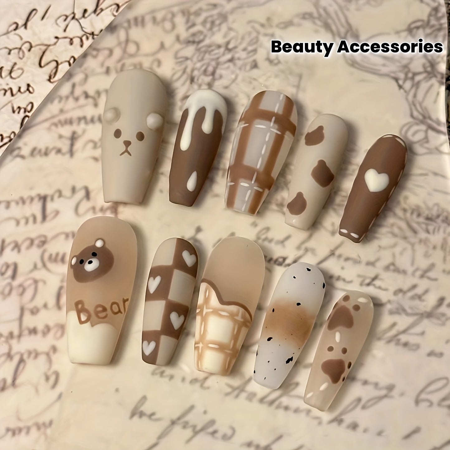 24pcs Cute Bear & Heart Design Press-On Nails - Medium Ballet Shape, Glossy Finish, Mixed Colors (Beige, Brown, White) with Jelly Glue & Nail File Included, Beauty Accessories, Whimsical Patterns, Durable Pressons
