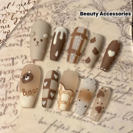 24pcs Cute Bear & Heart Design Press-On Nails - Medium Ballet Shape, Glossy Finish, Mixed Colors (Beige, Brown, White) with Jelly Glue & Nail File Included, Beauty Accessories, Whimsical Patterns, Durable Pressons