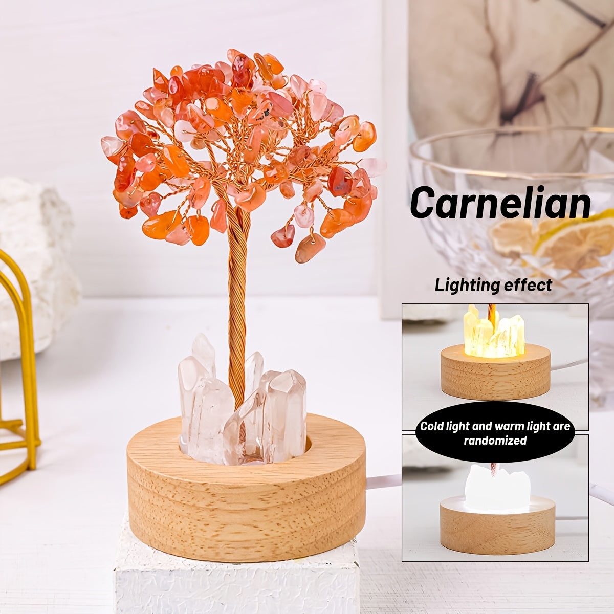 [Natural Quartz Crystal Nightlight] 1pc Natural Clear Quartz Crystal Chip Tree - USB Port Decorative Bedside Ambiance Nightlight