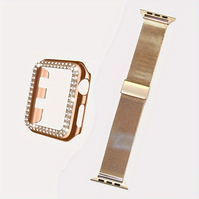 Dial Milan + Diamond Shell Golden Black Rose Golden Breathable Stainless Steel Braided Mesh Metal Strap Adjustable Suitable for iWatch series se s9 8 7 6 5 4 3 2 1 Series 2pcs Combination High-end Luxury Anti-collision Anti-scratch PC Hard Material Inlaid